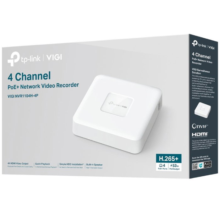 TP-Link VIGI NVR1104H-4P Grabador de vídeo en red PoE de 4 canales, Blanco TP-Link VIGI NVR1104H-4P Grabador de vídeo en red PoE de 4 canales, Blanco